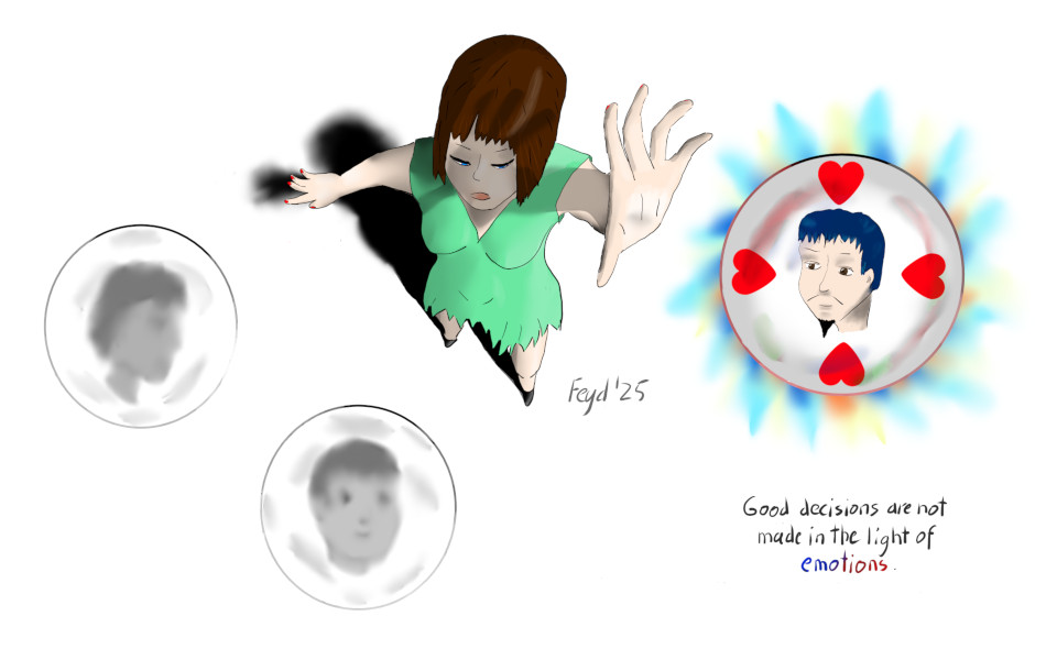 A woman trying to pick up a magic globe above her, ignoring other globes. With text: 'Good decisions are not made in the light of emotions'