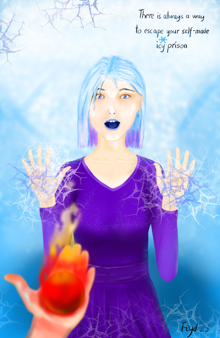 A lonely woman in a ice world behind a nearly invisible icewall with cracks. With text: 'There is always a way to escape your self-made icy prison'