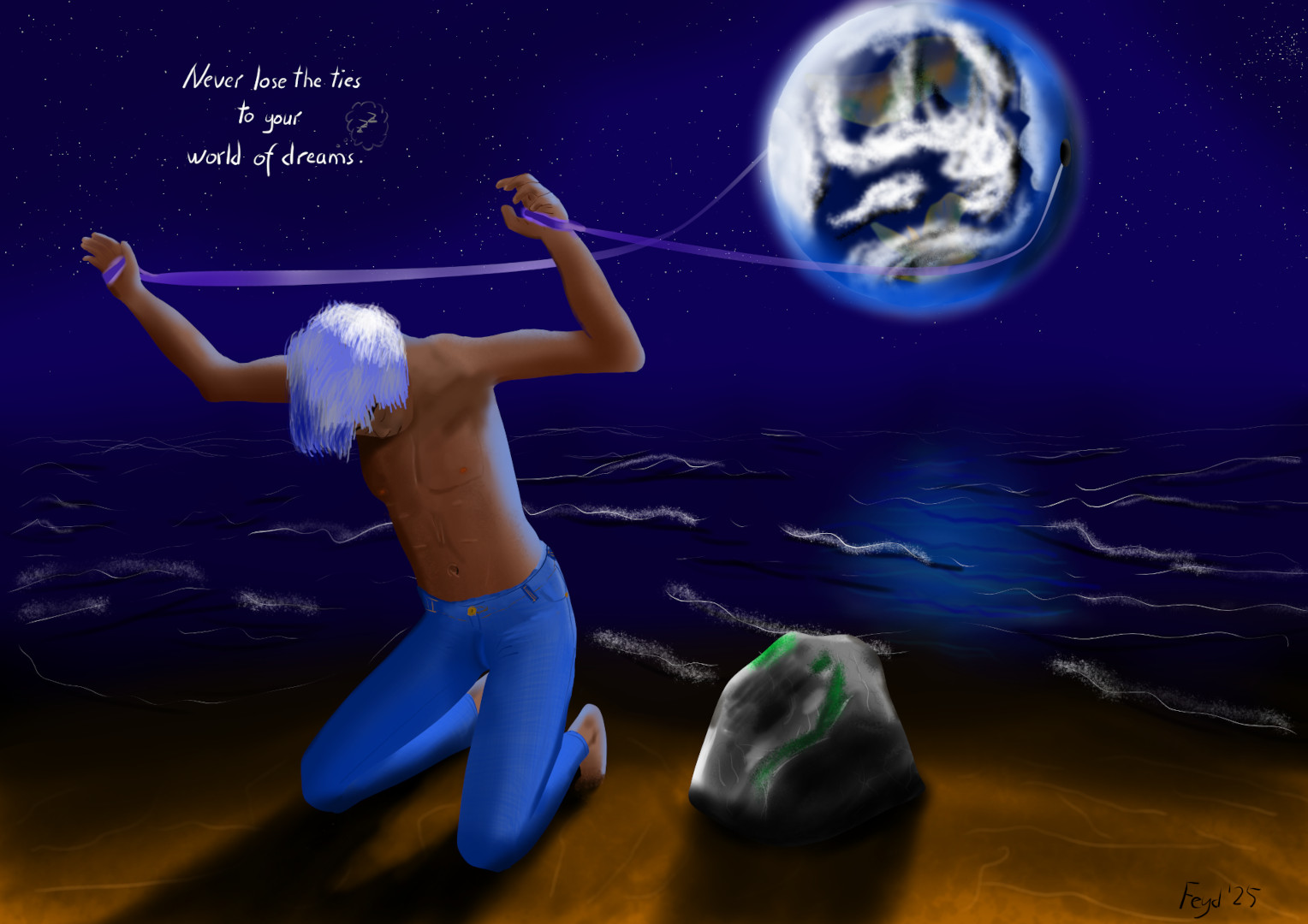 A man in front of an dark ocean in the night. Bound to a planet-like object, which is pulled by him. With text: 'Never lose the ties to your world of dreams'